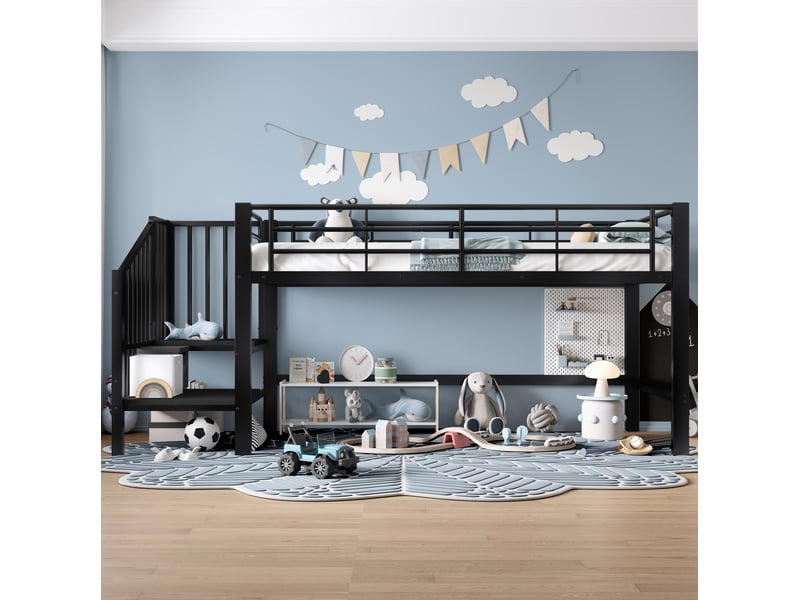  Lit surélevé enfant 90 x 200 cm avec escalier de rangement noir en métal  - Conforama D