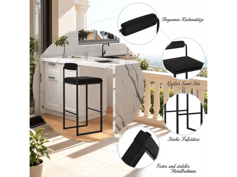  Tabourets de bar lot de 2 avec dossier et repose-pieds - lpospi - assise rembourrée, acier, velours - noir  - Conforama E