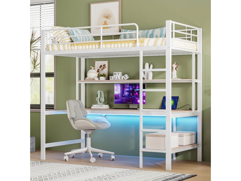  Lit mezzanine 90*200 cm, structure en métal, éclairage led, bureau, port usb, échelle, barrière, sans matelas, blanc  - Conforama C