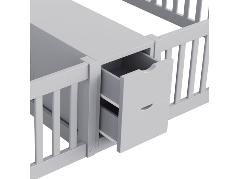  Lit double pour enfants 90x200 cm, lit jumeaux avec tiroir et étagère, cadre de lit au sol avec barrière de sécurité, bois gris.  - Conforama C