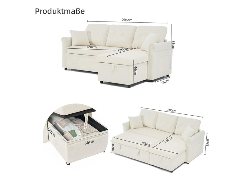  Canapé d'angle convertible 3 places avec coffre, méridienne réversible et poche latérale en chenille beige  - Conforama C