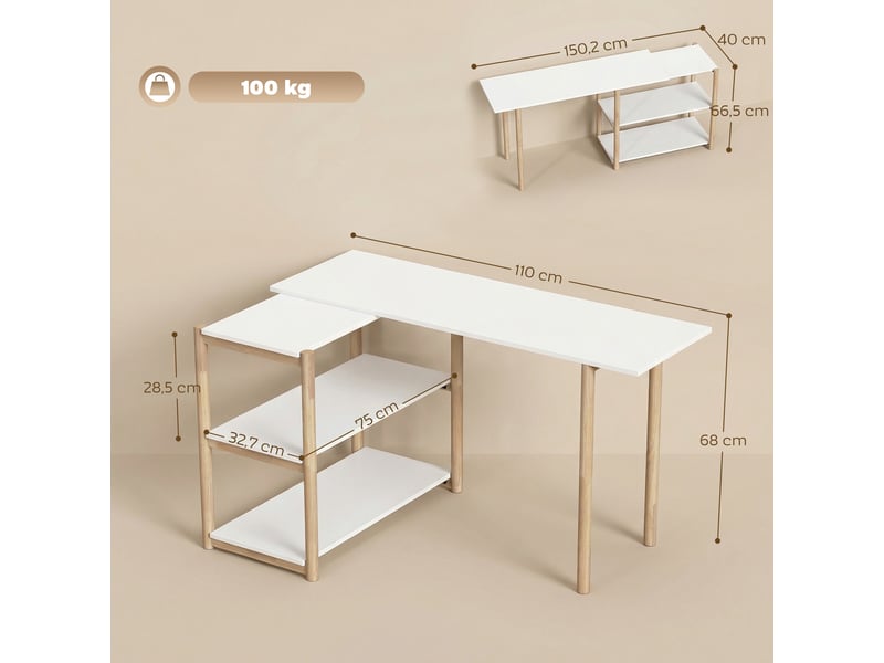  Bureau rotatif modulable avec étagères en mdf et bambou blanc et coloris chêne  - Conforama C