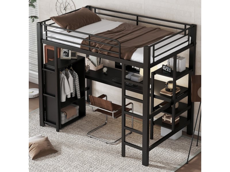  Lit mezzanine 90x200 cm, lit enfant avec table, armoire et échelle à 5 marches, en métal, noir, sans matelas  - Conforama C