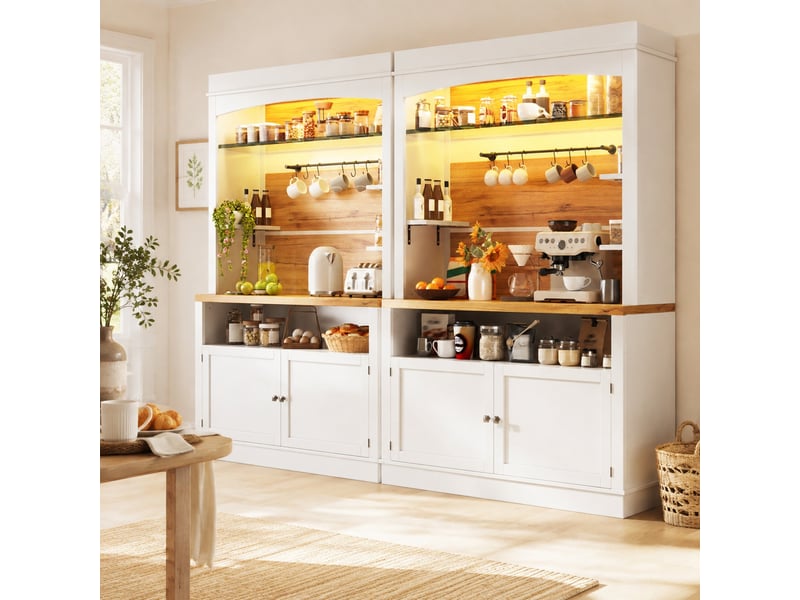  Buffet de cuisine haut lot de 2 avec étagère en verre, 6 crochets et led multicolore pour cuisine 107×34×184 cm blanc  - Conforama C