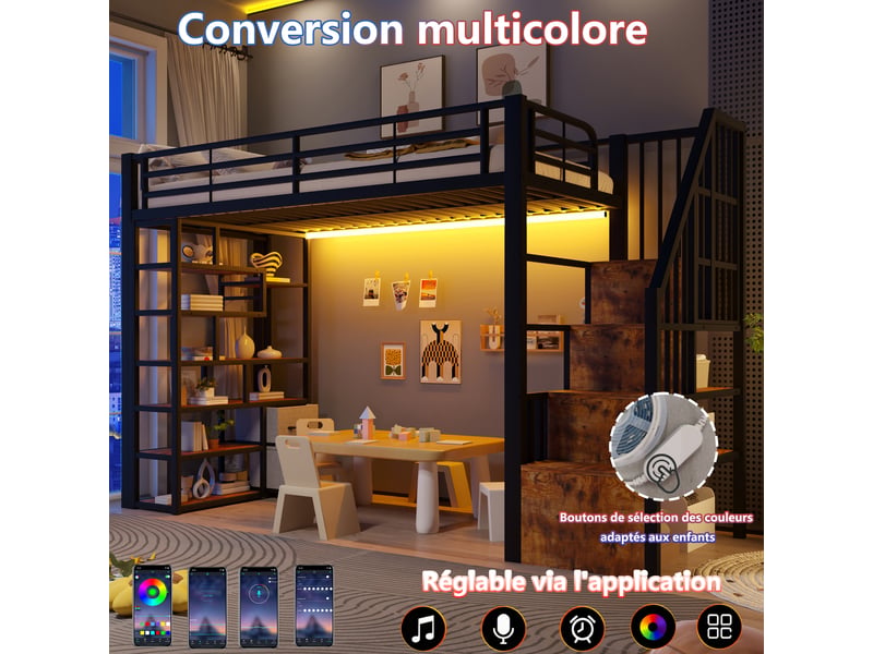  Lit mezzanine enfant 90x200cm avec tiroirs en tissu et espace sous le lit, led, étagère, marches intégrées et barrière, métal noir evarich - Conforama D