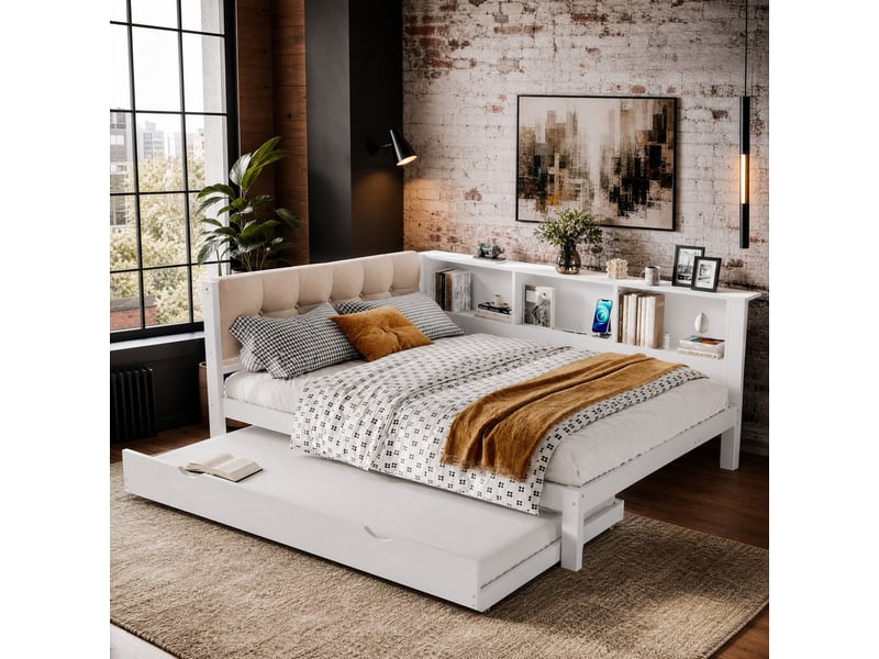  Lit gigogne 140x200 cm avec étagères, led et usb en bois de pin blanc  - Conforama B