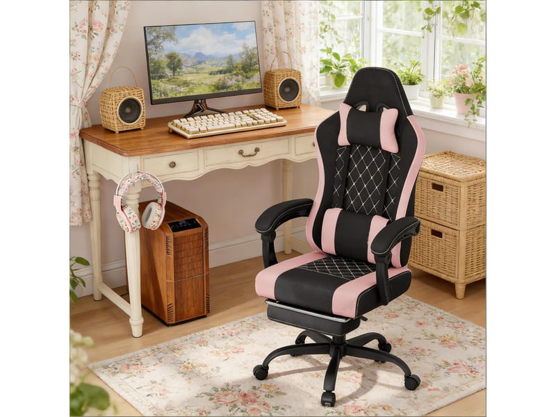  Chaise de bureau ergonomique 70 x 70 x 119,5-127 cm - gaming massage inclinable 145° avec repose-pieds retractable - tissu - noir et rose  - Conforama E