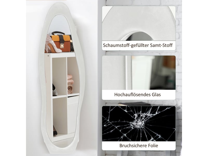  Miroir sur pied ondulé cadre tissu effet velours blanc 50 x 160 cm  - Conforama E