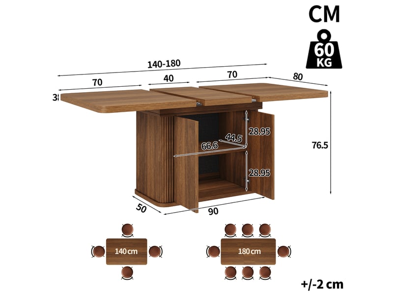  Table à manger extensible 140180x80x76.5 cm avec rangement, effet bois brun foncé  - Conforama C