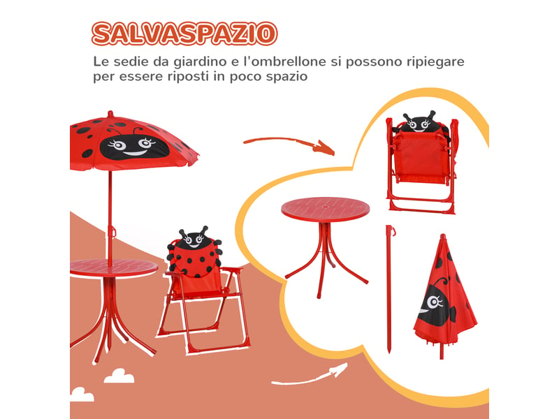  Ensemble de jardin 4 pièces pour enfants avec 2 chaises pliantes, un parasol et une table ronde, en acier et tissu oxford, rouge.  - Conforama E