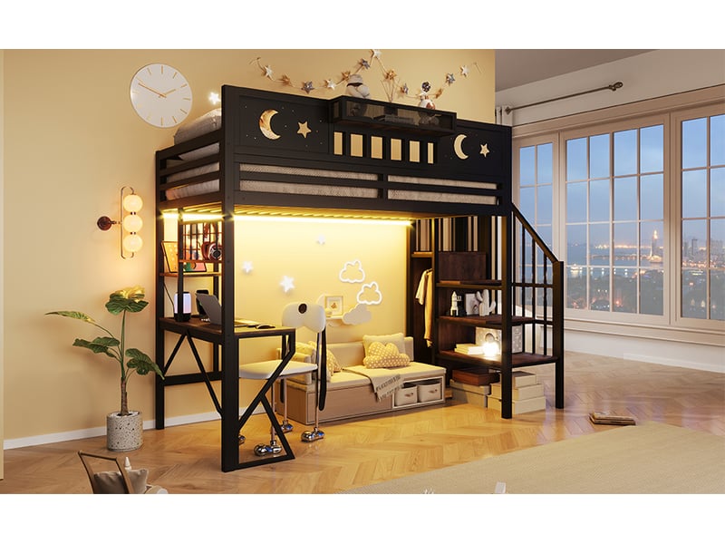  Lit mezzanine 90x200 cm, bureau avec usb, étagères et éclairage led, en métal, noir, sans matelas  - Conforama D