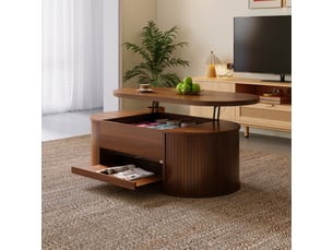 Table basse escamotable avec plateau levable, côtés en bois arrondis et étagère coulissante - meuble salon multifonction