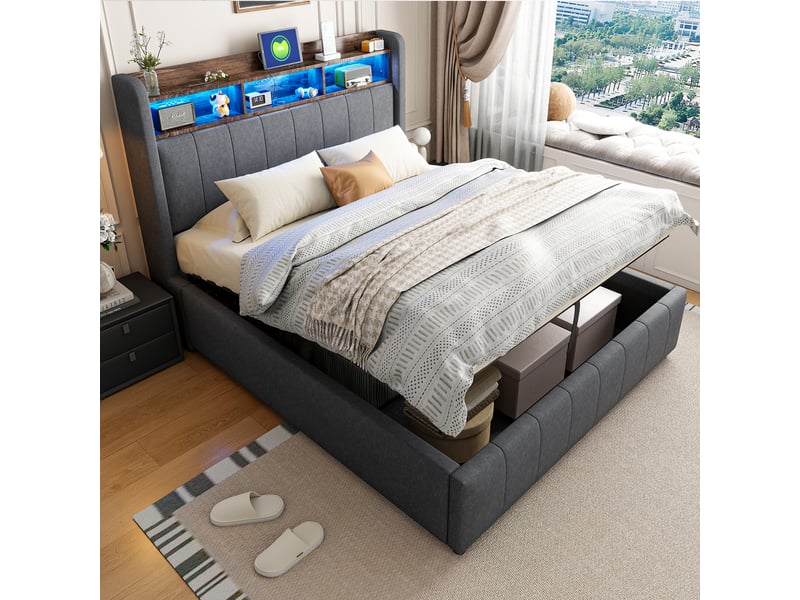  Lit double 140 x 200 cm gris, tissu lin, éclairage led, ports usb type-c et rangement hydraulique  - Conforama D