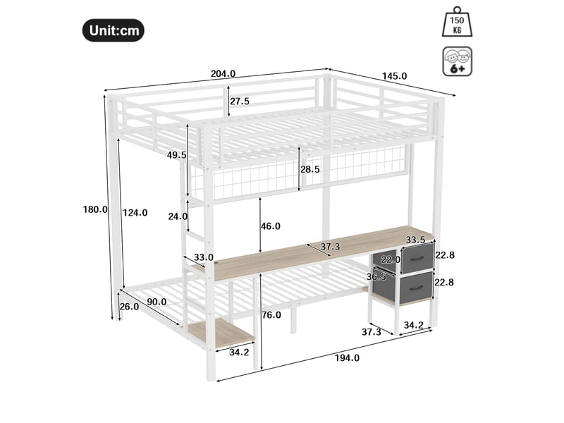  Lit superposé enfant 140x200 cm avec bureau, rangements et led blanc  - Conforama C