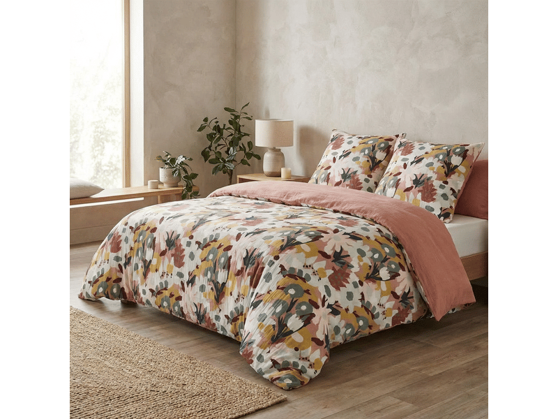  Housse de couette reversible 140x200 cm gaze de coton loana rose foncé PD25029 - Conforama B