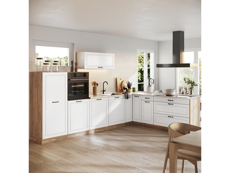  Vicco cuisine en angle, blanc campagnechêne doré, 327 x cm plan de travail anthracite  - Conforama C