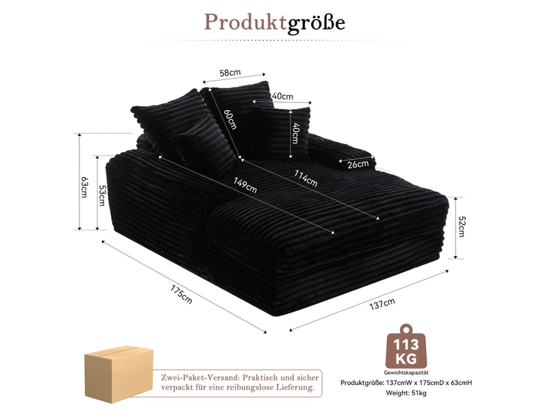 Méridienne convertible noire en velours côtelé avec 4 coussins amovibles, confort pour le salon au quotidien - Conforama C