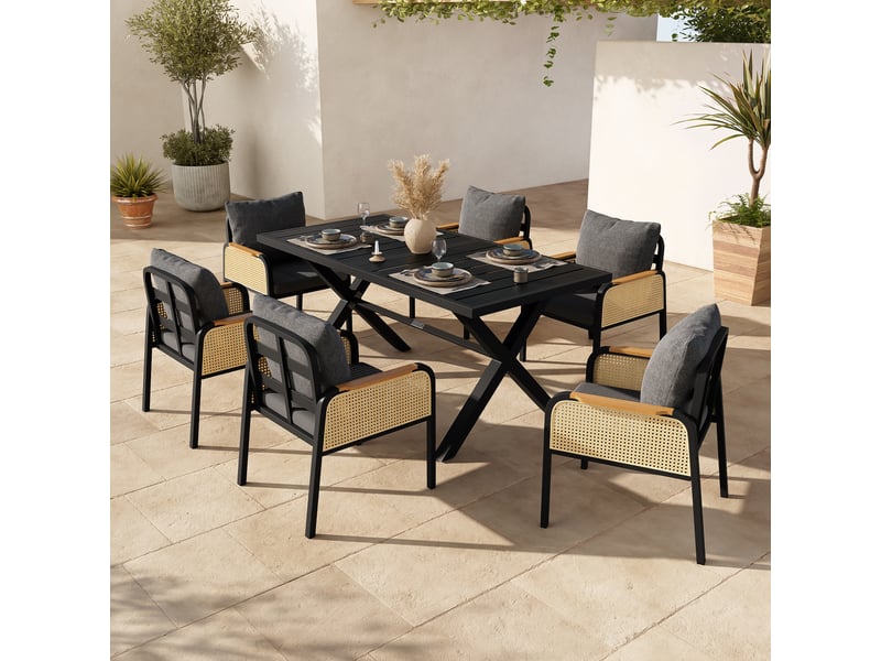  Salon de jardin à structure métallique et accoudoirs tressés, table et sièges avec coussins pour terrasse  - Conforama B