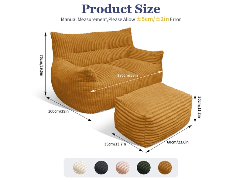  Fauteuil pouf double jaune avec repose-pieds, flanelle, 135 x 100 x 75 cm  - Conforama C