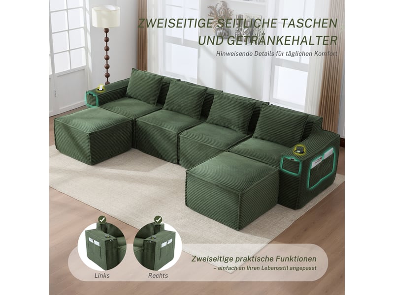  Canapé modulaire en velours - 4 places avec 2 poufs - velours côtelé vert - dimensions 330x162x75cm - Conforama E