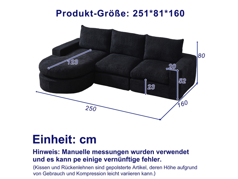 Canapé d’angle modulable en chenille, méridienne réversible, mousse haute densité, 3 coussins, sans montage - noir - Conforama C