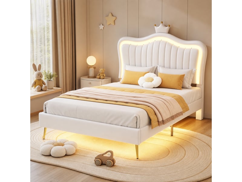  Lit enfant rembourré 90x200 cm avec led et tête de lit couronne blanc  - Conforama D