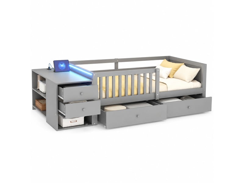  Lit enfant 90 x 200 cm avec rangements, fonction bureau, prise et éclairage led, gris  - Conforama A