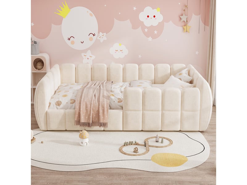  Lit enfant au sol 90 x 200 cm, lit rembourré avec cadre fermé, coins arrondis, chambre enfant, sans matelas, revêtement velours, beige BUYDEEMEUS - Conforama C