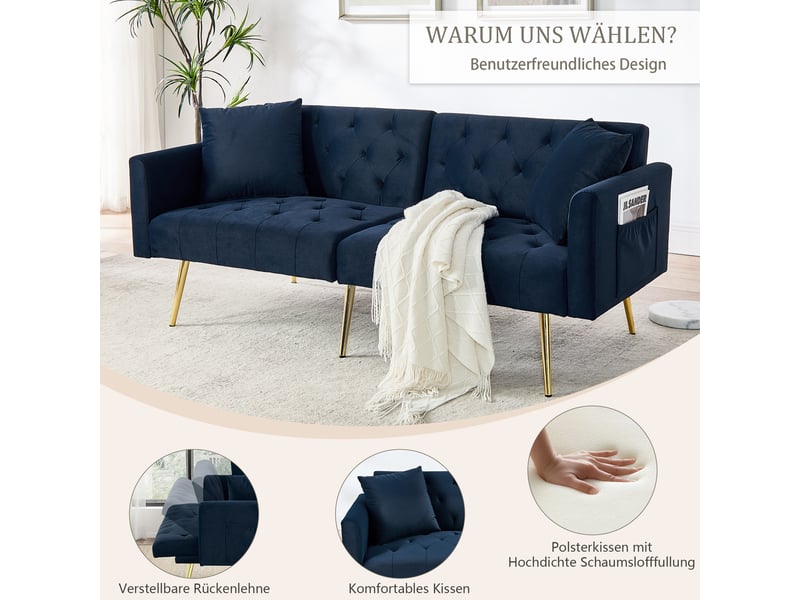 Canapé 2 places, canapé de salon, en velours, bleu, dossier réglable 3 positions, 2 coussins inclus, design moderne, pieds en métal - Conforama W