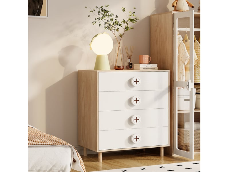 Commode 4 tiroirs, meuble de rangement pour chambre et chambre d’enfant, blanc et naturel, 80 x 54 x 90 cm - Conforama C