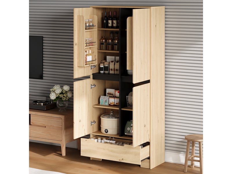  Buffet haut 80x35x180 cm naturel avec grand tiroir, rangements de porte et étagères réglables Fay Lum - Conforama B