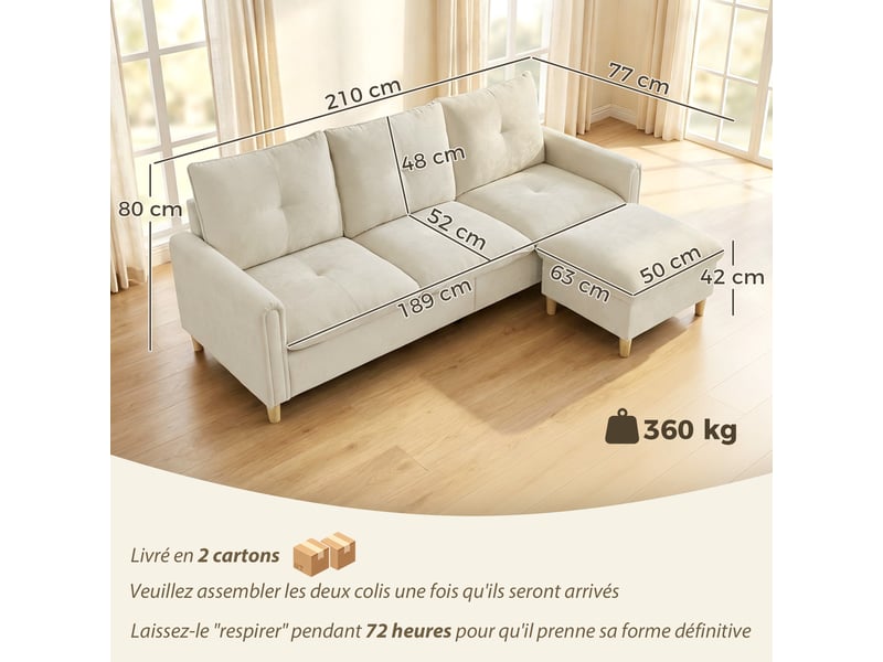  Canapé 3 places avec pouf de rangement, canapé d'angle modulable 210 cm, assise large, crème, tissu aspect lin  - Conforama C