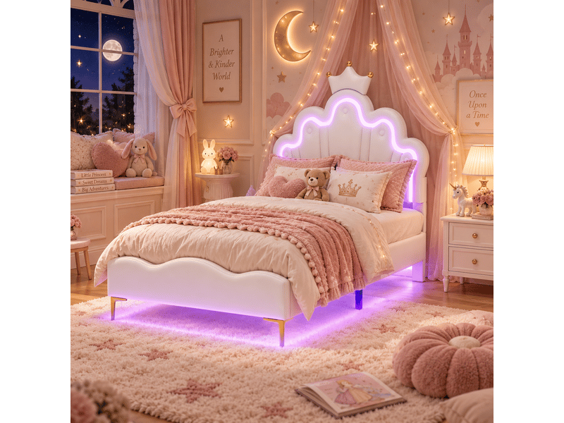  Lit fille 90x190cm avec sommier led réglables - lit simple enfant avec tête de lit réglable en hauteur - sommier à lattes - lit 90x190 cm - lumineuse led - lit fille avec tête de lit réglable - lit princesse en forme couronne - …  - Conforama W