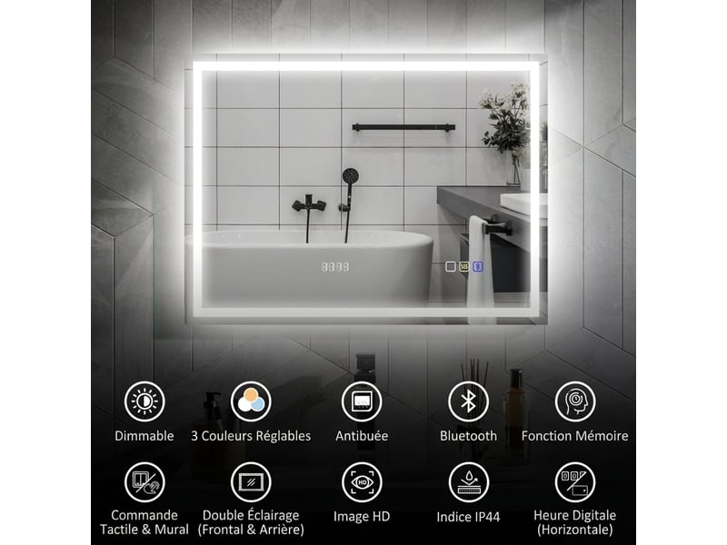  Miroir de salle de bain led 80x60 cm bluetooth avec horloge et anti-buée  - Conforama B