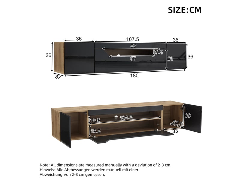 Meuble tv mural suspendu noir et bois naturel 180x37x36 cm avec led, 3 niches de rangement pour tv jusqu'à 75 pouces - Conforama C
