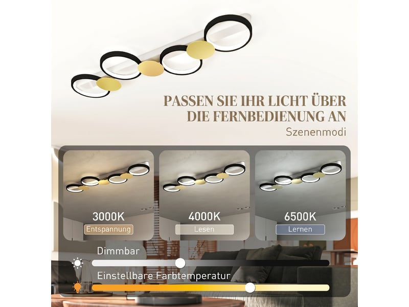  Plafonnier led 38 w 1500 lm 3000 k-6500 k, lampe de salon avec 4 ampoules, télécommande, noir et or  - Conforama E