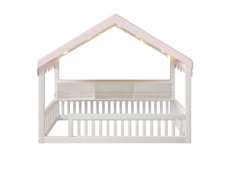  Lit cabane 90x200 cm en bois avec ciel de lit, guirlande led, bibliothèque et barrières de sécurité, blanc  - Conforama A