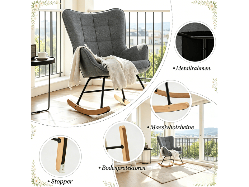 Fauteuil à bascule 67,5 x 65 x 95 cm gris foncé en velours, dossier haut et accoudoirs ergonomiques - Conforama E