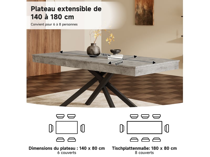 Table de salle à manger extensible 140 à 180 x 80 cm grise en mdf, pieds croisés en métal pour 6 à 8 personnes  - Conforama E