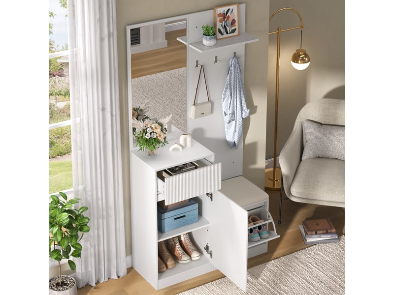  Vestiaire d'entrée avec miroir et banc led 105cm blanc  - Conforama D