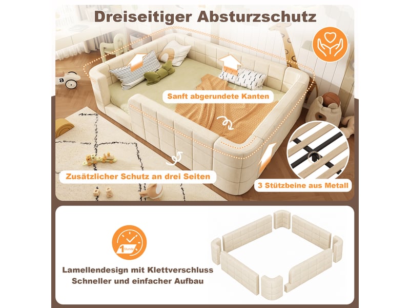  Lit double 140x200 cm pour enfant avec barrières rembourrées, entrée basse, angles arrondis et sommier à lattes, tissu chenille, beige Morn Vibe - Conforama E