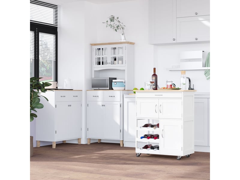  Desserte de cuisine multi rangements 2 placards tiroir casier 9 bouteilles mdf blanc plateau bois caoutchouc  - Conforama D