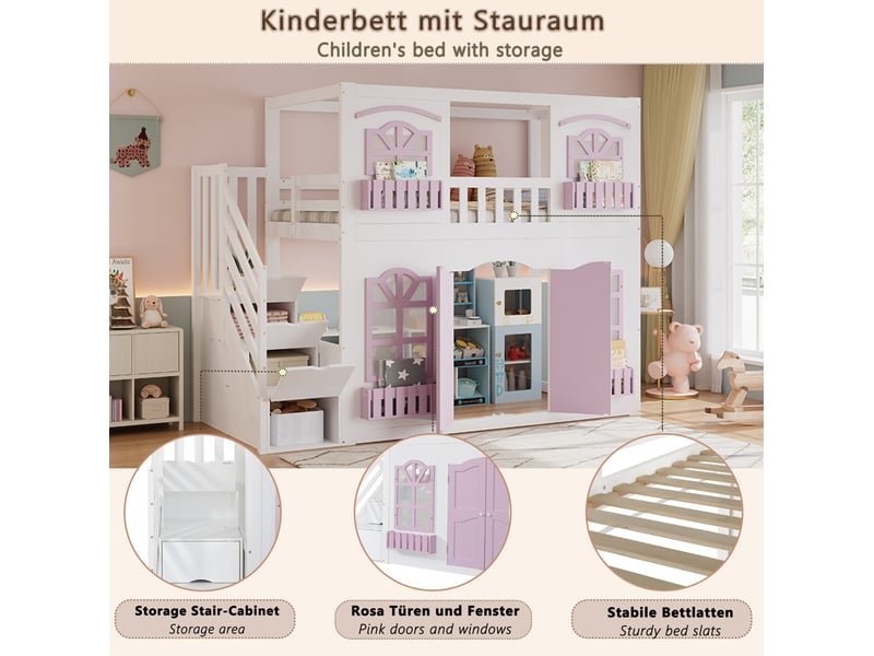  Lit mezzanine enfant 90x200 cm avec escalier de rangement blanc et rose  - Conforama E