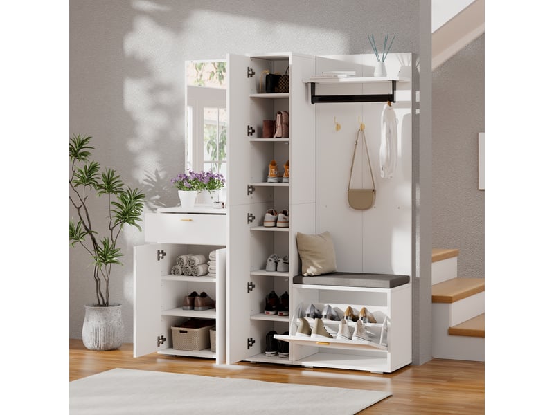  Vestiaire d’entrée avec miroir et banc, 3 portes, blanc, 150 x 36 x 180 cm  - Conforama B