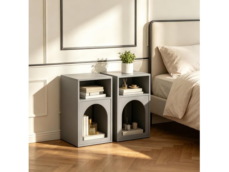  Tables de chevet tcqpz lot de 2 40 x 30 x 60 cm rangements ouverts mdf gris design arrondi  - Conforama B
