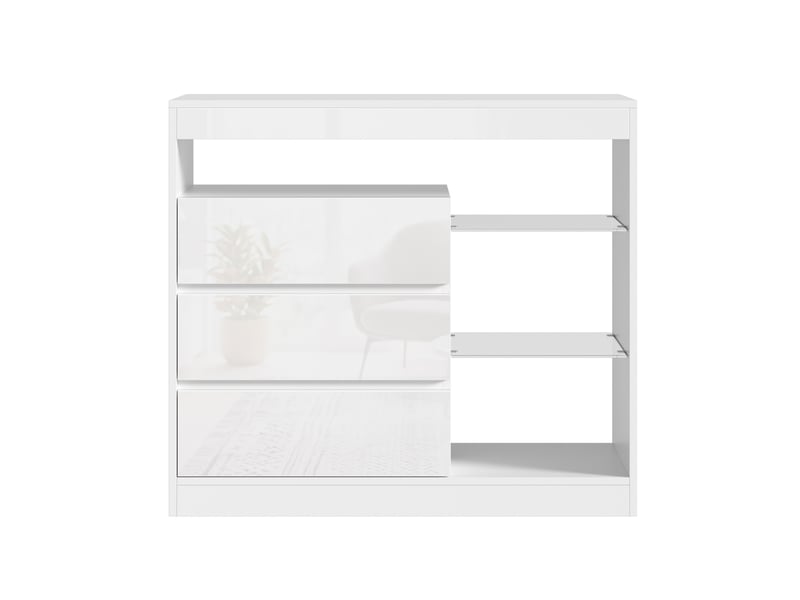  Buffet blanc brillant 3 tiroirs avec led et étagères en verre pour salon ou chambre, 90 x 35 x 80 cm  - Conforama A
