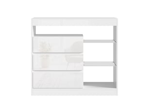 Buffet blanc brillant 3 tiroirs avec led et étagères en verre pour salon ou chambre, 90 x 35 x 80 cm
