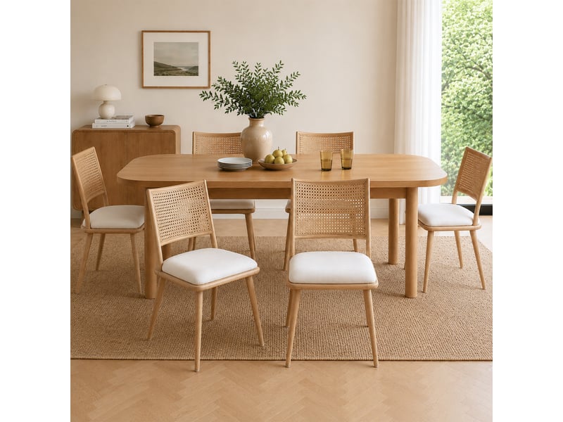  Chaises salle à manger élégance lot de 6, assise pu, dossier rotin, beige, salon et chambre  - Conforama D
