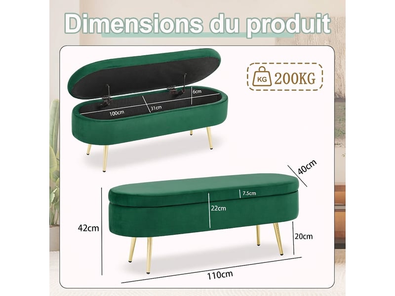  Banc de rangement vert 110 cm en velours avec coffre et pieds en métal  - Conforama C