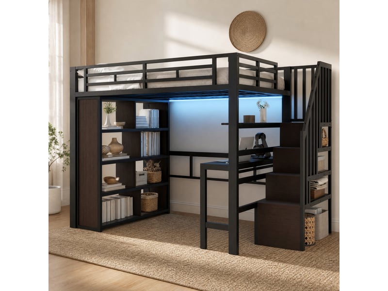  Lit mezzanine 140x200 cm en métal et mdf avec bureau, rangements et éclairage led noir  - Conforama B